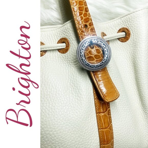BRIGHTON White & Tan Pebbled Leather Satchel Shoulder Bag Croc Heart Detail - Picture 5 of 15